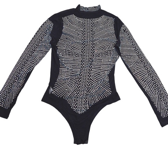 Rhinestone Studded Black Mesh Mock Neck Bodysuit - Size Large - Picture 8 of 8